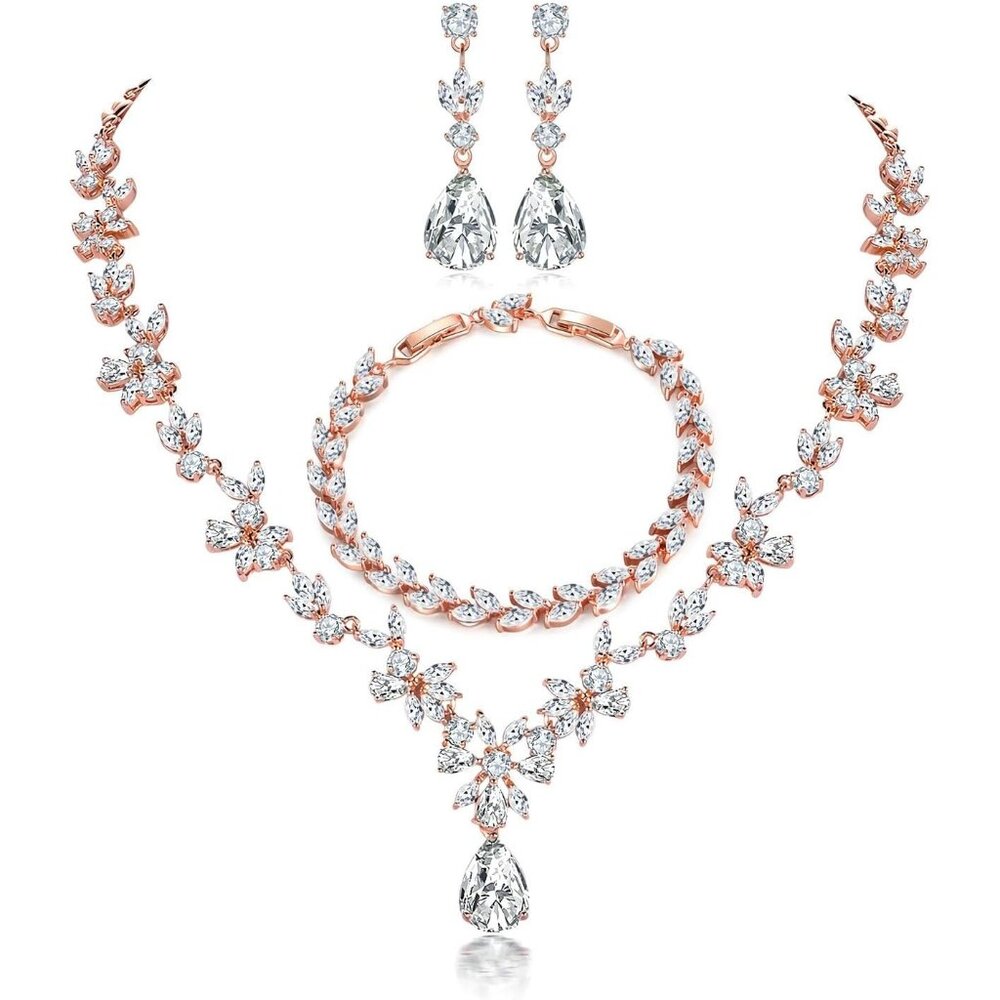 Women Necklace Dangle Earrings Bracelet Set White Cubic Zirconia Allergy Free